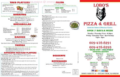 Lobo's pizza - Menu for Pizza Lobo Pies The Roni Pie Red sauce, shredded mozzarella, pepperoni. 16" (8 Slices) $23.00 Pizza al Ragu Bolognese. Fiore di latte mozzarella, pork & beef ragù, parmigiano reggiano, parsley, ogliarola extra virgin olive oil. 3 reviews 1 photo. 16" (8 Slices) $27.00 Starters ...